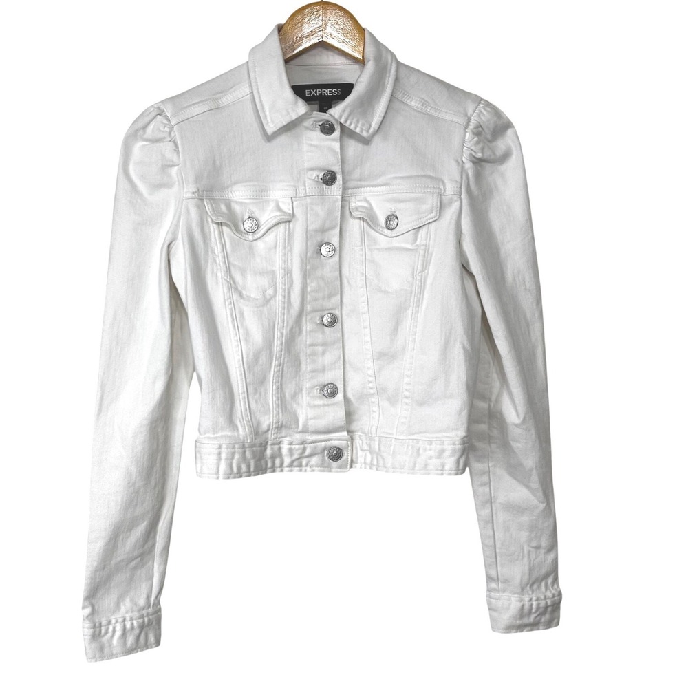 Express Women's XS White Cropped Denim Jacket Puff Shoulder Button Up Clean Girl